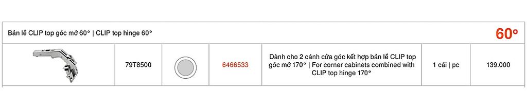 Bản lề Blum CLIP top góc mở 60 độ 79T8500