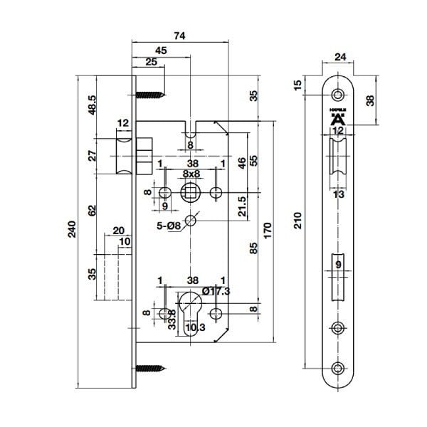 Thân khoá Hafele 45/85mm màu inox mờ 489.10.562