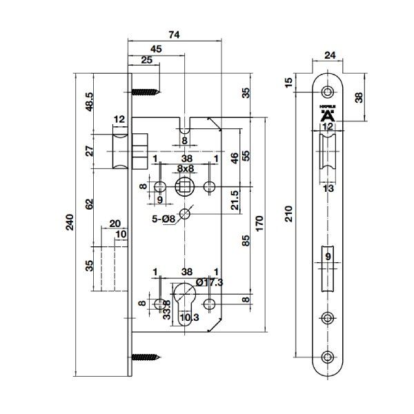 Thân khoá Hafele 45/85mm màu đồng bóng 489.10.563