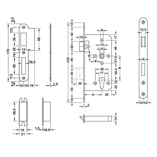 Thân khóa lưỡi gà chốt chết Inox 316 Hafele 911.25.402