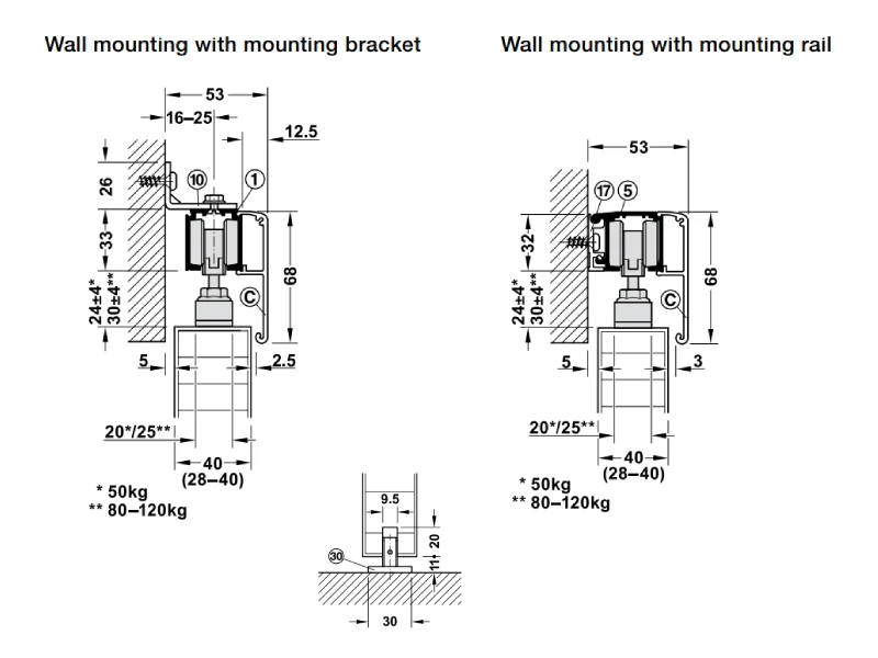 Phụ kiện cửa lùa giảm chấn và tự đóng 2 bên Hafele 941.02.039