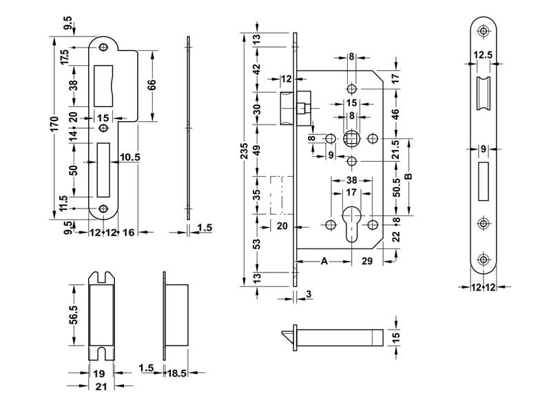 Thân khóa lưỡi gà và chốt chết E55/72A Hafele 911.25.100