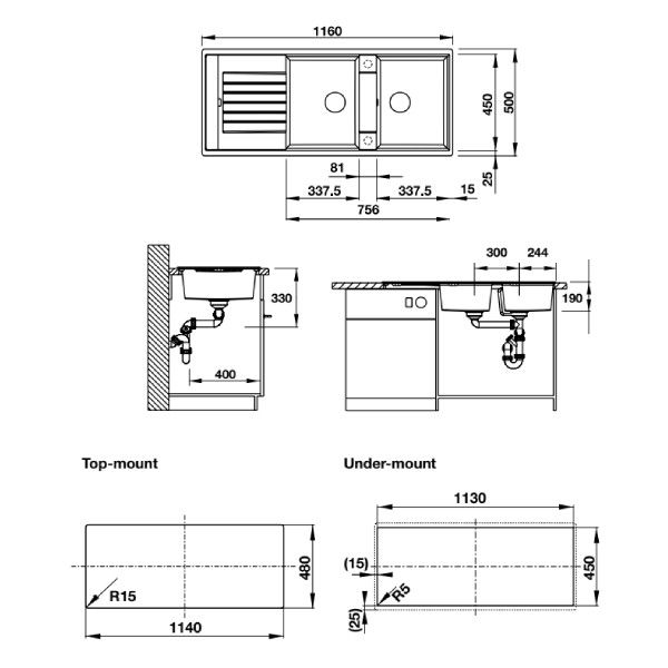 Chậu đá Blanco 1160mm màu xám 565.76.959