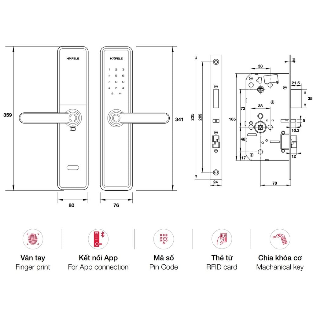 Khóa vân tay Hafele DL7600 màu đồng bóng 912.20.231