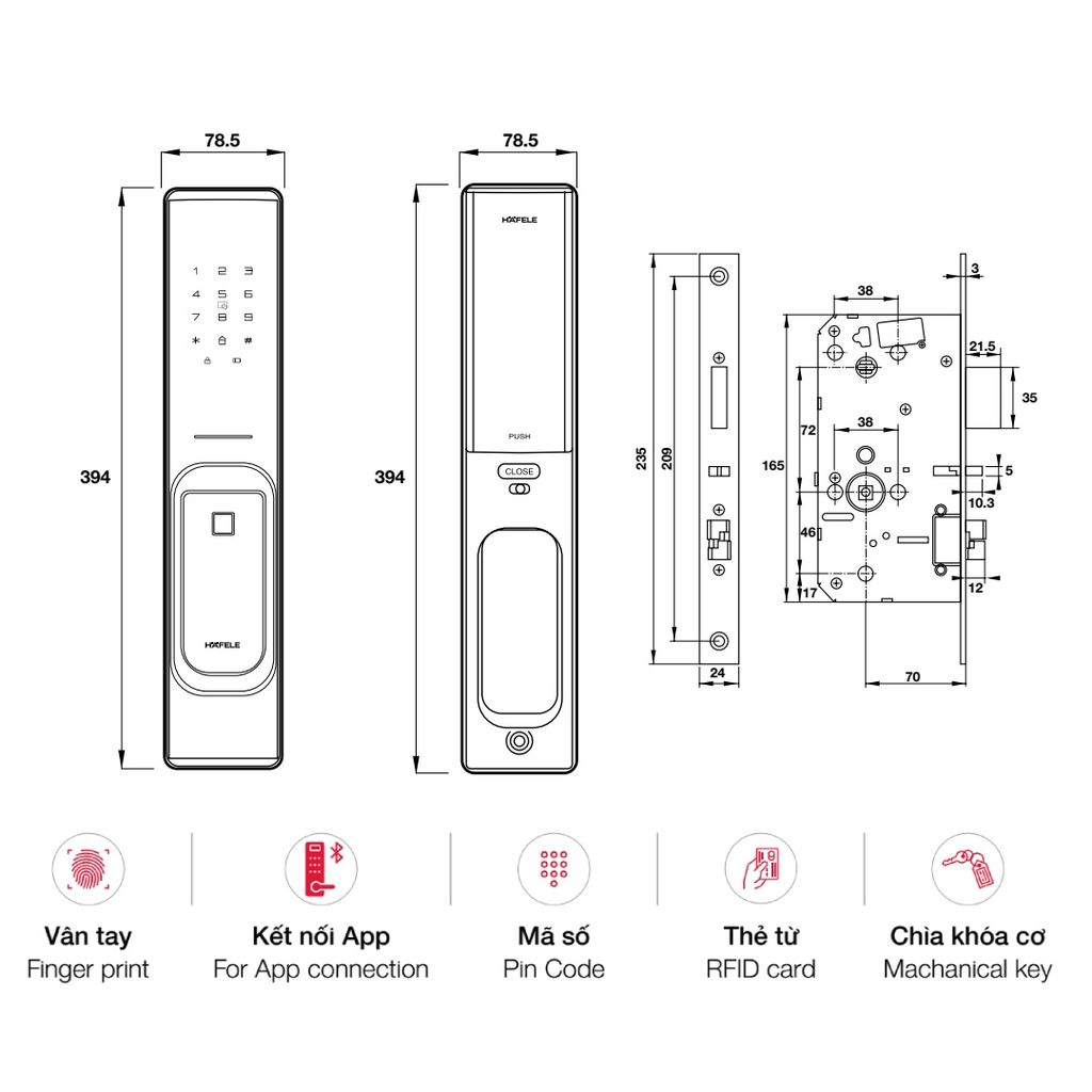 Khóa điện tử Vân tay Hafele PP8100 màu Đồng bóng 912.20.261