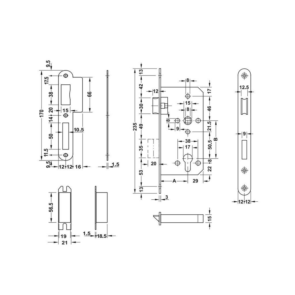 Thân khóa Hafele cho cửa phòng Inox mờ 911.02.153