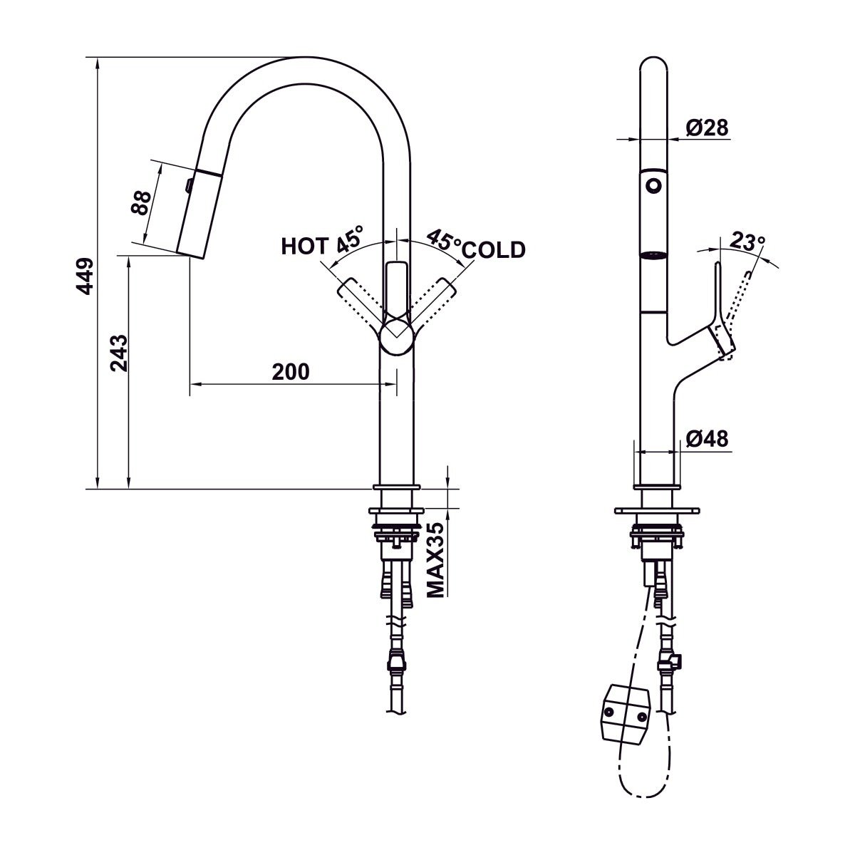 bản vẽ kỹ thuật Vòi rửa chén Hafele HT25-SH1F449 Chrome mờ 570.85.045