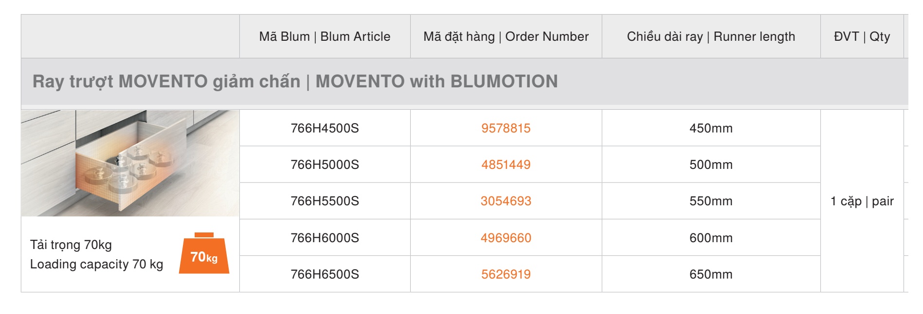 RAY TRƯỢT BLUM MOVENTO GIẢM CHẤN 70kg