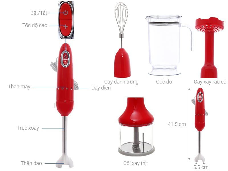 Máy xay cầm tay Smeg màu đỏ HBF02RDEU 535.43.619