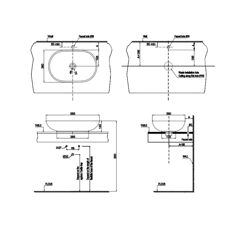 Chậu Lavabo đặt bàn KOBE 585x390x180 Hafele 588.79.030