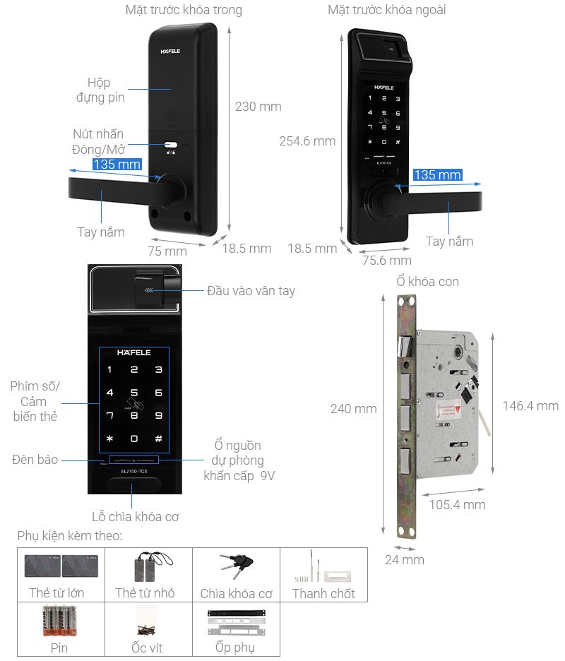 Khóa điện tử vân tay Hafele EL7700-TCS Thân khóa lớn 912.05.584