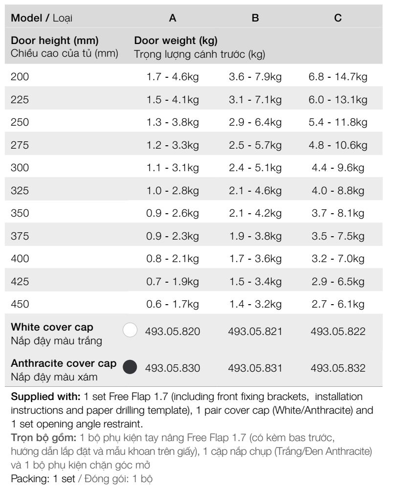 Tay nâng Hafele 1 cánh FREE FLAP 1.7