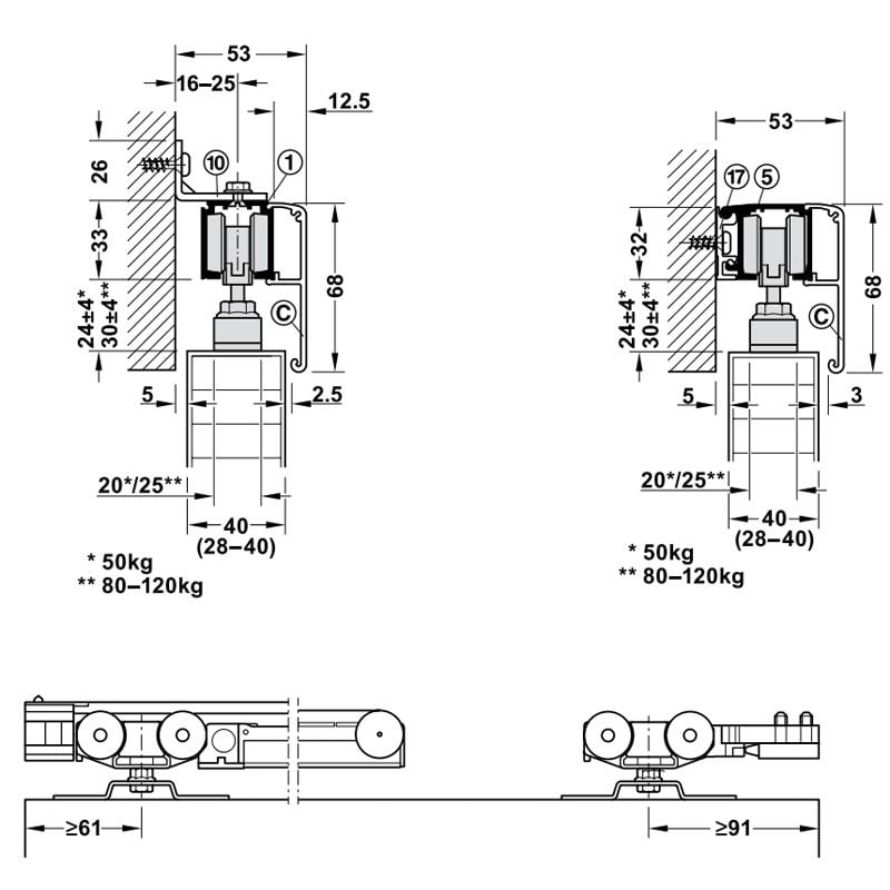 Phụ kiện cửa lùa giảm chấn và tự đóng 1 bên Hafele 941.02.037