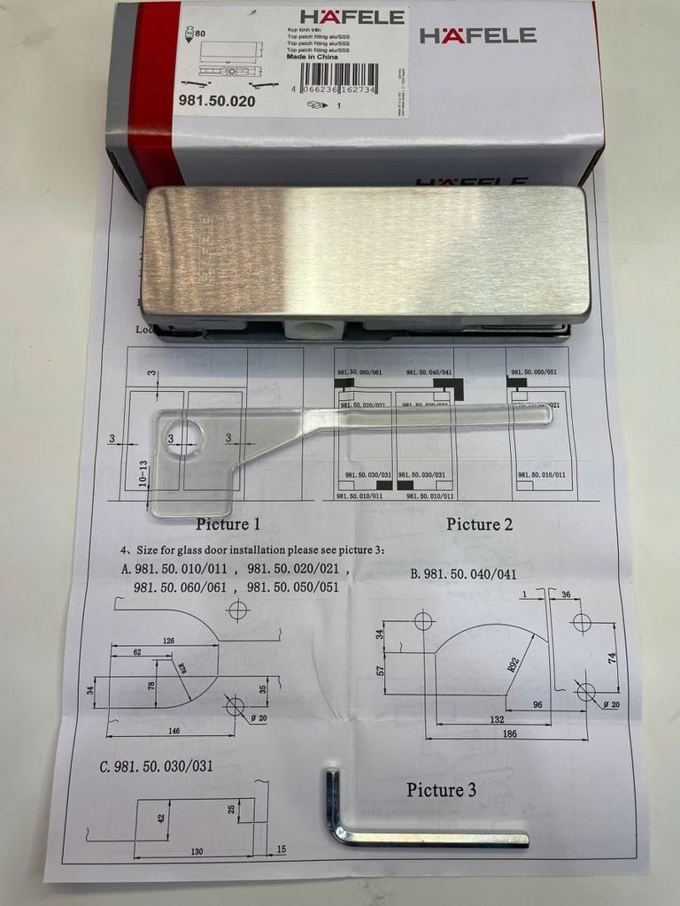 Kẹp kính trên Hafele inox mờ 981.50.020