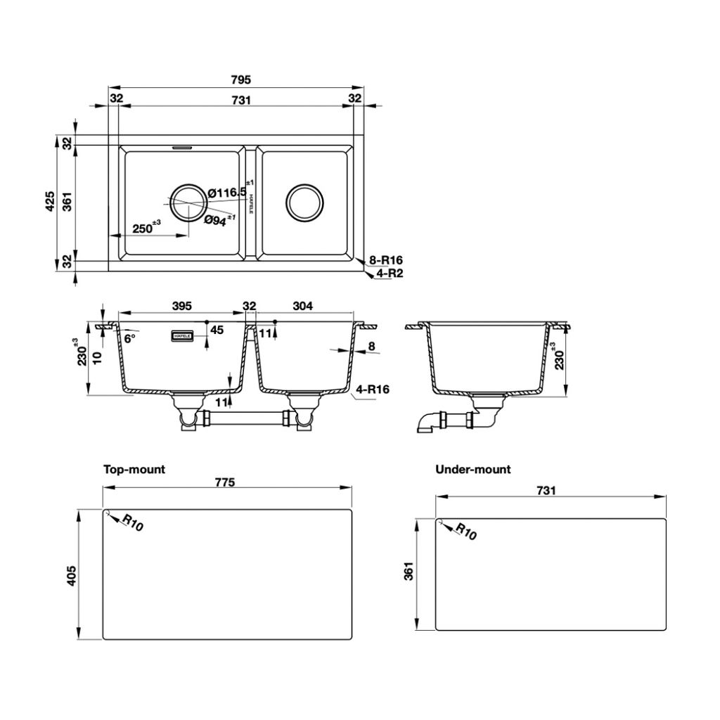 Chậu đá Hafele 795mm HS22-GEN2S90 màu đen 577.25.310