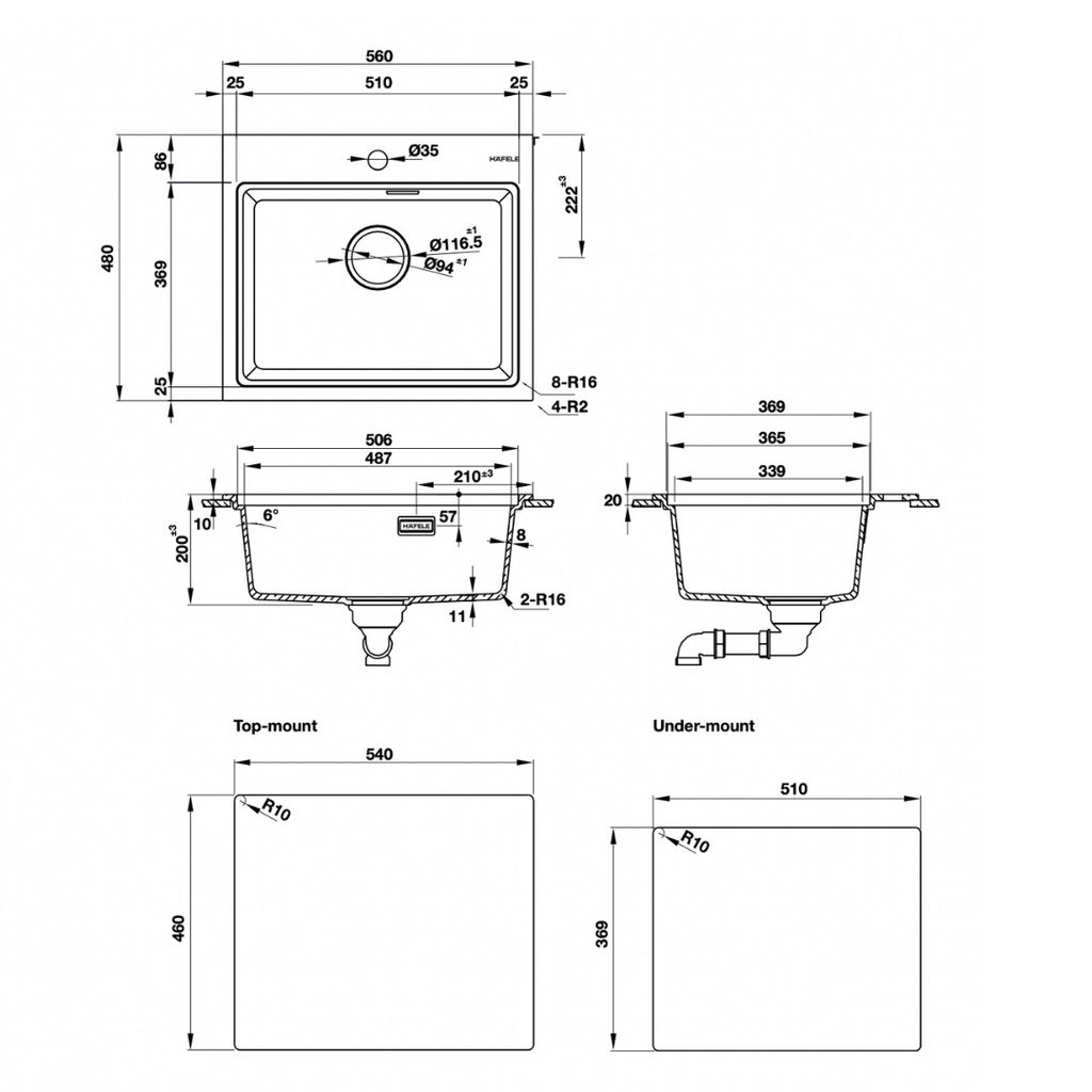 Chậu đá Hafele 540mm HS22-GEN1S60M màu đen 577.25.320