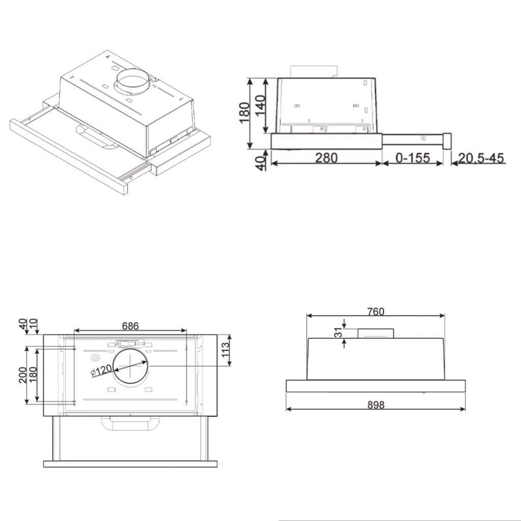 Máy hút mùi âm tủ Smeg 90cm KSET92E 536.84.872
