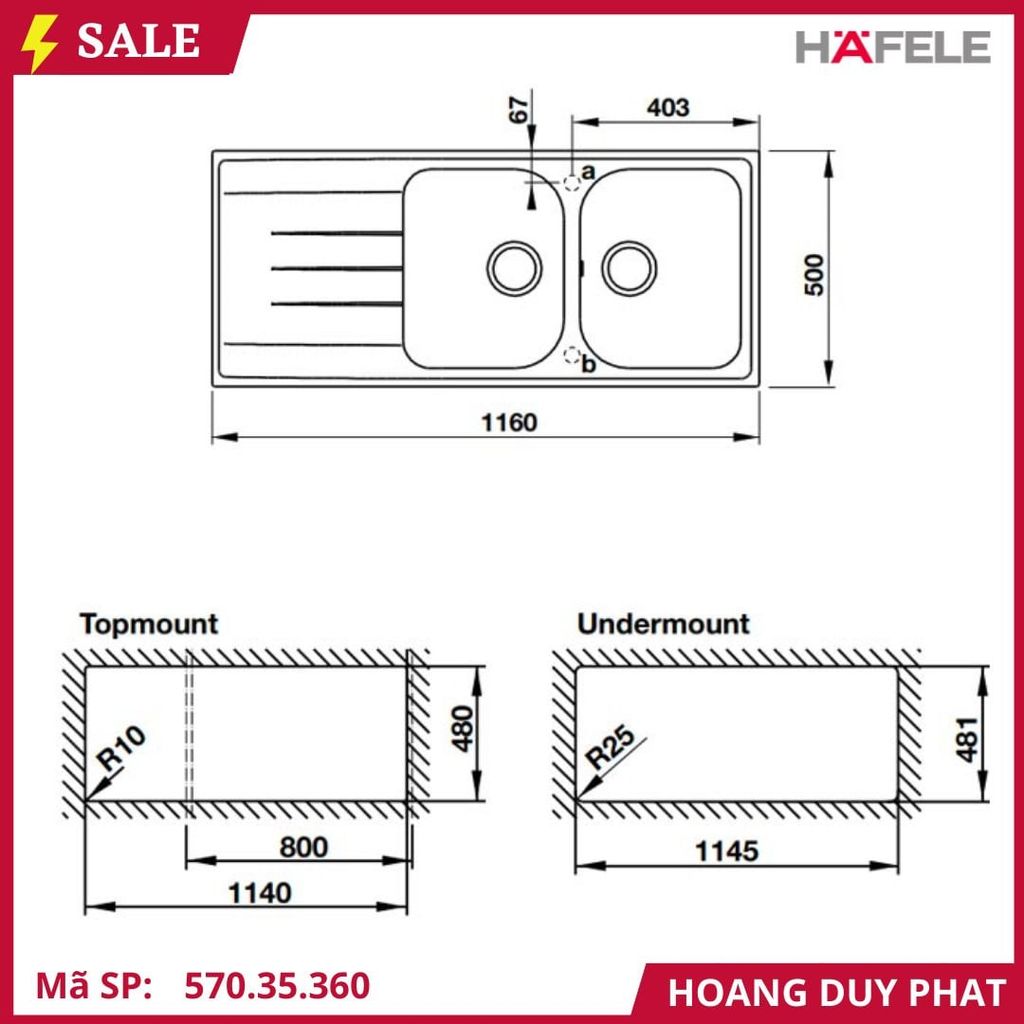 Chậu đá Hafele 1160mm HS18-GED2R80 570.35.360 màu đen