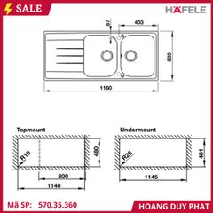 Chậu đá Hafele 1160mm HS18-GED2R80 570.35.360 màu đen