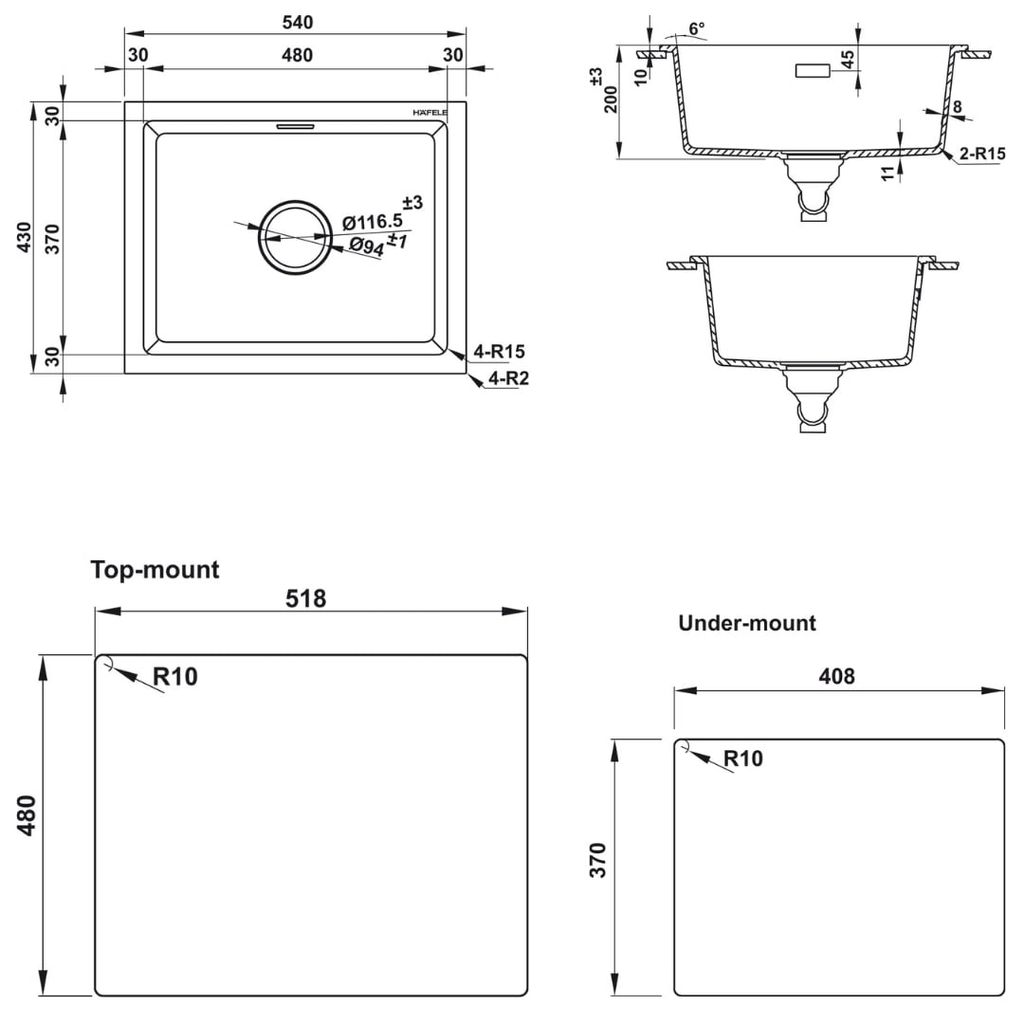 Chậu đá Hafele 540mm HS22-GEN1S60S màu đen 577.25.300