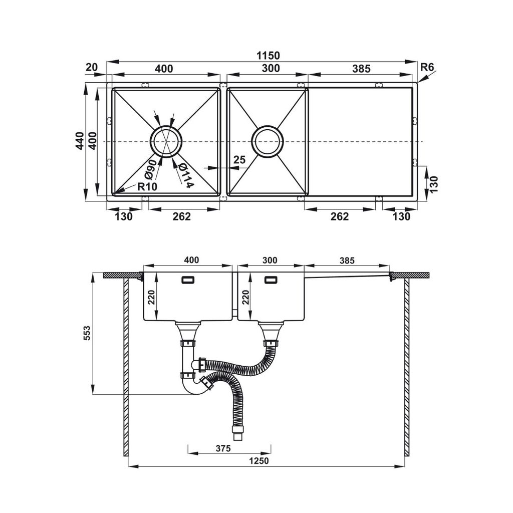 Chậu rửa chén Hafele 1150mm HS21-SSD2S90L 567.94.050