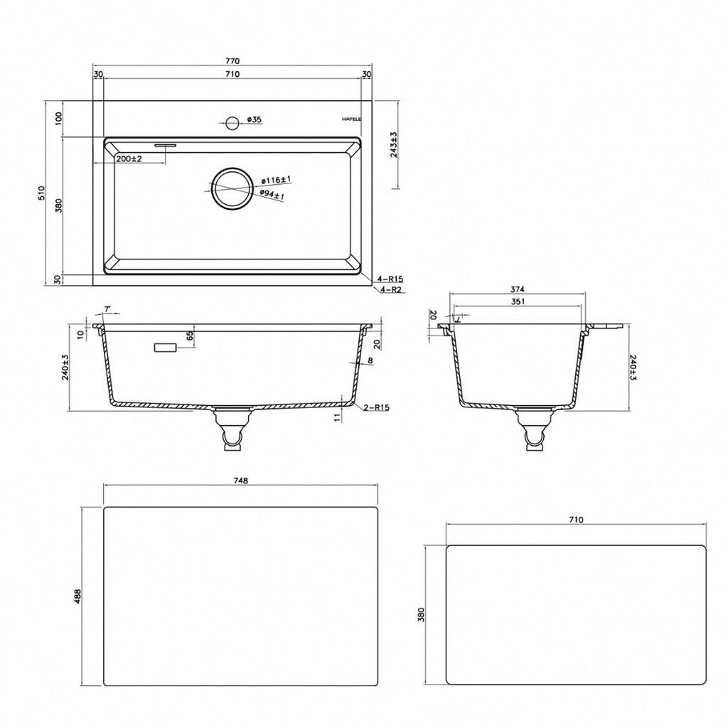 Chậu đá Hafele 770mm HS22-GEN1S90M màu xám 577.25.530