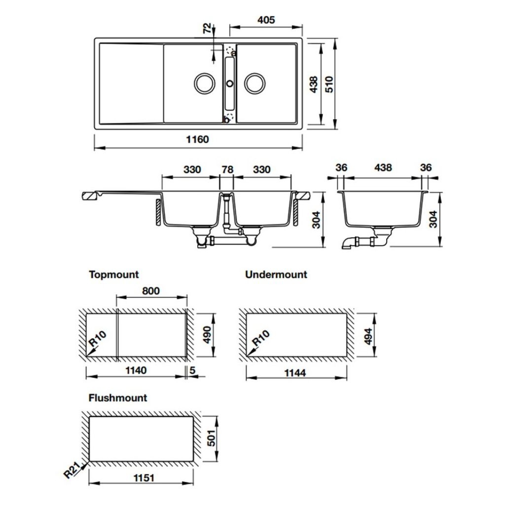 Chậu đá Hafele 1160mm HS20-GKD2S80 570.33.330