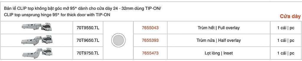 Bản lề Blum không bật góc cho cửa dày 16-32mm