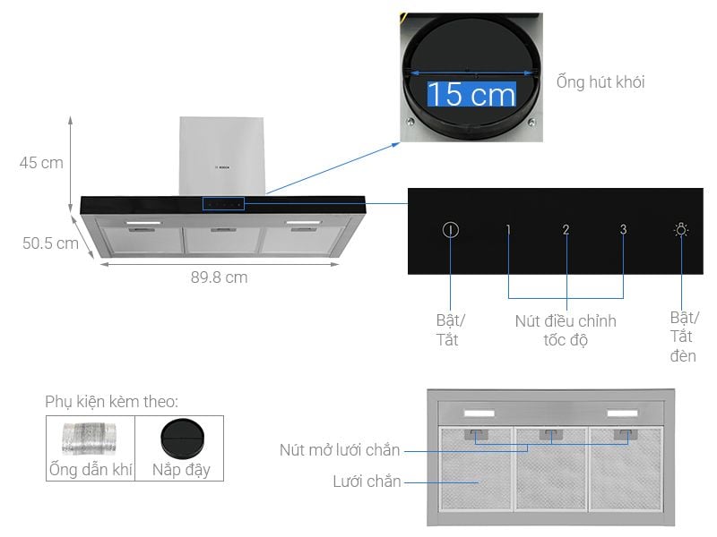 Máy hút mùi áp tường Bosch 90cm DWBM98G50B Series 4