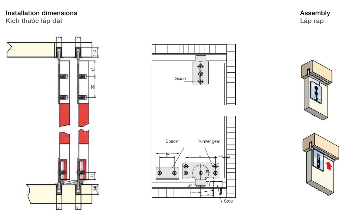 Phụ kiện cửa lùa tủ áo 2 cánh 40kg Hafele 494.00.110