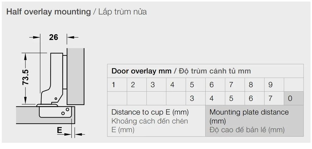 Bản lề giảm chấn DIY Hafele - Trùm nửa - Đế lắp trượt 493.03.024