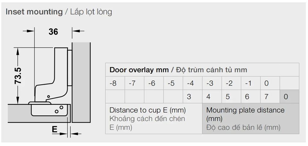 Bản lề giảm chấn DIY Hafele - Lọt lòng - Đế lắp trượt 493.03.025