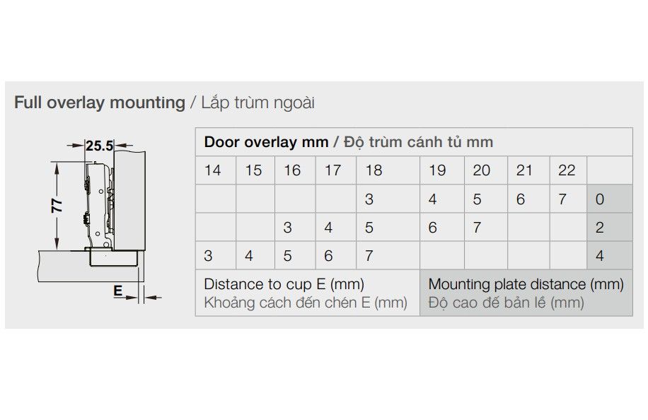 Bản lề giảm chấn Hafele Inox 304 cho gỗ dày - Trùm ngoài 334.05.000