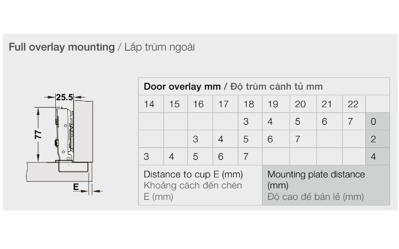 Bản lề giảm chấn Hafele Inox 304 cho gỗ dày - trùm ngoài 334.05.001