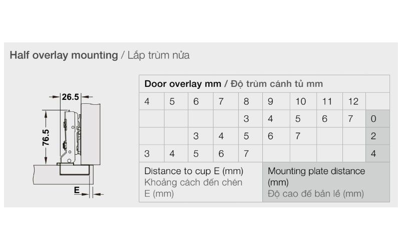 Bản lề giảm chấn Hafele Inox 304 cho gỗ dày - trùm nữa 334.05.002
