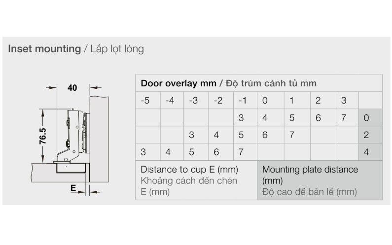 Bản lề giảm chấn Hafele Inox 304 cho gỗ dày - lọt lòng 334.05.003