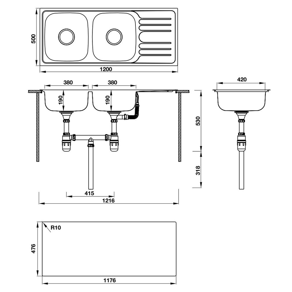 Chậu rửa chén Hafele 1200mm HS20-SSD2R90 567.20.513