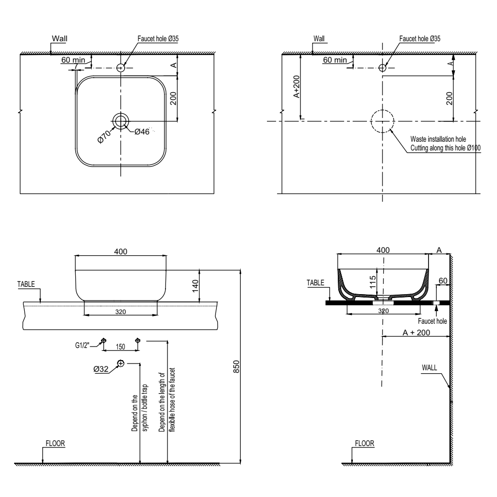 Chậu lavabo đặt bàn KOBE 400x400x140 Hafele 588.79.078