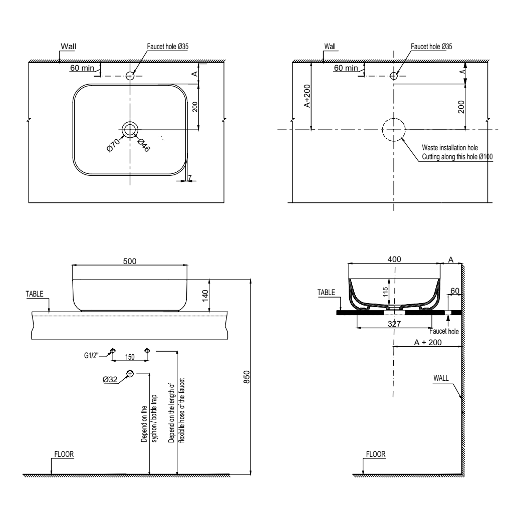 Chậu lavabo đặt bàn KOBE 500x400x140 Hafele 588.79.079