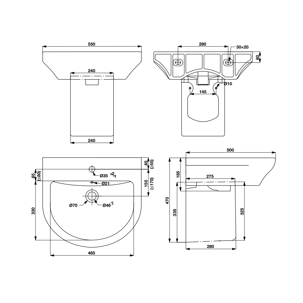 Chậu lavabo treo tường 550x500x470 Hafele 588.79.090