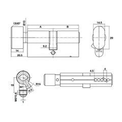 Ruột khóa Hafele 1 đầu vặn 1 đầu chìa 65mm màu đồng bóng 489.56.005
