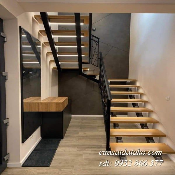mẫu cầu thang sắt xương cá kết hợp bậc gỗ