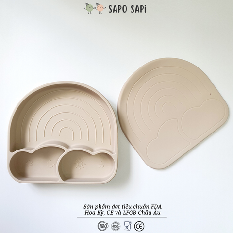  Đĩa ăn dặm Premium Silicon chia ngăn có đế hút chân không chống đổ Cloudy SAPO SAPi - Beige 
