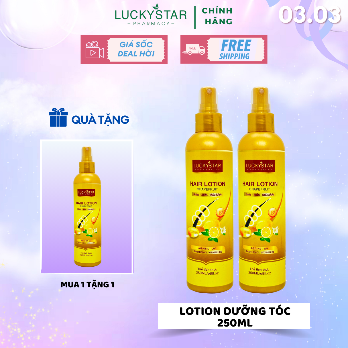 [ MUA 1 TẶNG 1] Xịt Dưỡng Tóc 2 Lớp Lucky Star - Chai Vàng (250ml)