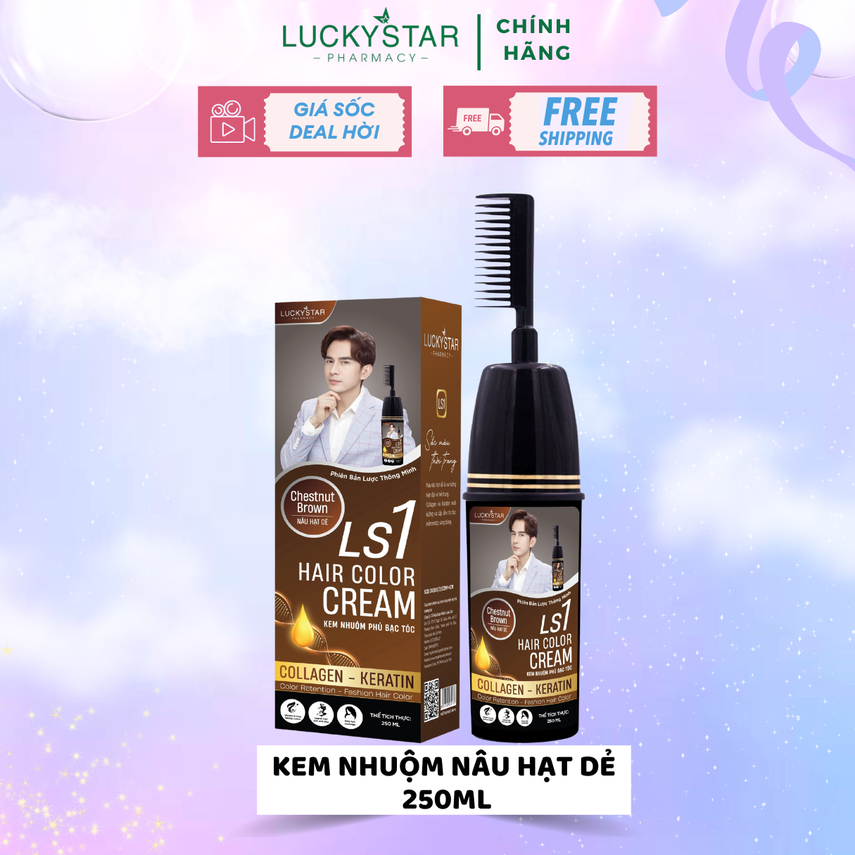 Kem Nhuộm Phủ Bạc Lucky Star Chai Lược Nâu Hạt Dẻ 250ml