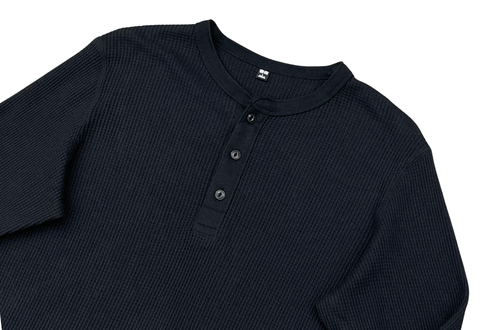  UNIQLO Waffle Henley Neck Long Sleeve Black Tee 