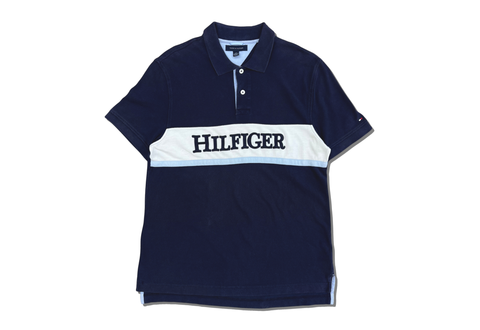  Tommy Hilfiger Spell Out Embroidered Collared Polo Shirt Navy 
