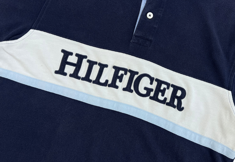  Tommy Hilfiger Spell Out Embroidered Collared Polo Shirt Navy 