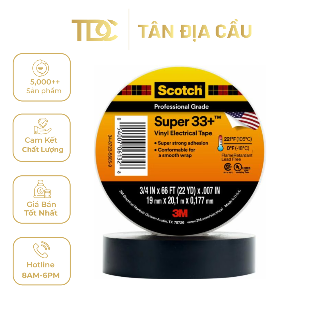 Băng Keo Điện 3M Scotch Super 33+, Màu Đen, 3/4 In X 66 Ft (19 Mm X 20,1 M)