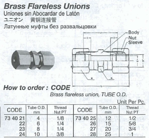 Brass Flareless Union; Size 15mm X 5/8
